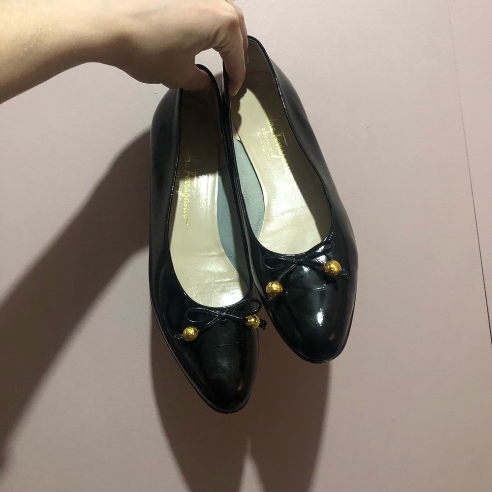 Salvatore Ferragamo Black Patent Leather Ballet Flats with Gold Accents